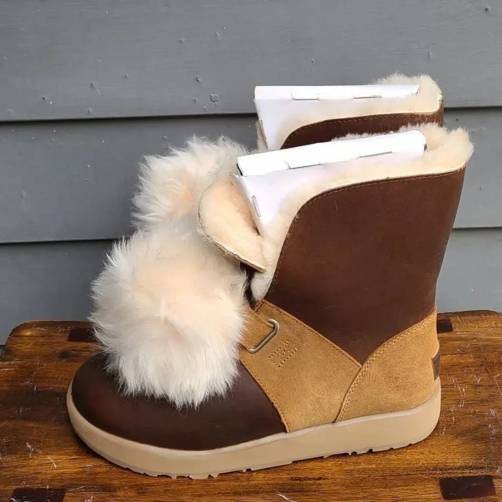 UGG Isley Brown Leather Chestnut Suede Waterproof Boots with Pom Pom size 9 1/2